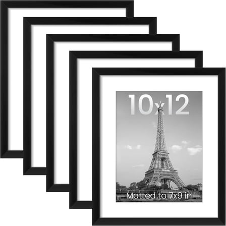 10x12 Picture Frame Set of 5, Display Pictures 7x9 with Mat or 10x12 Without, Wall Gallery Poster Frames, Black