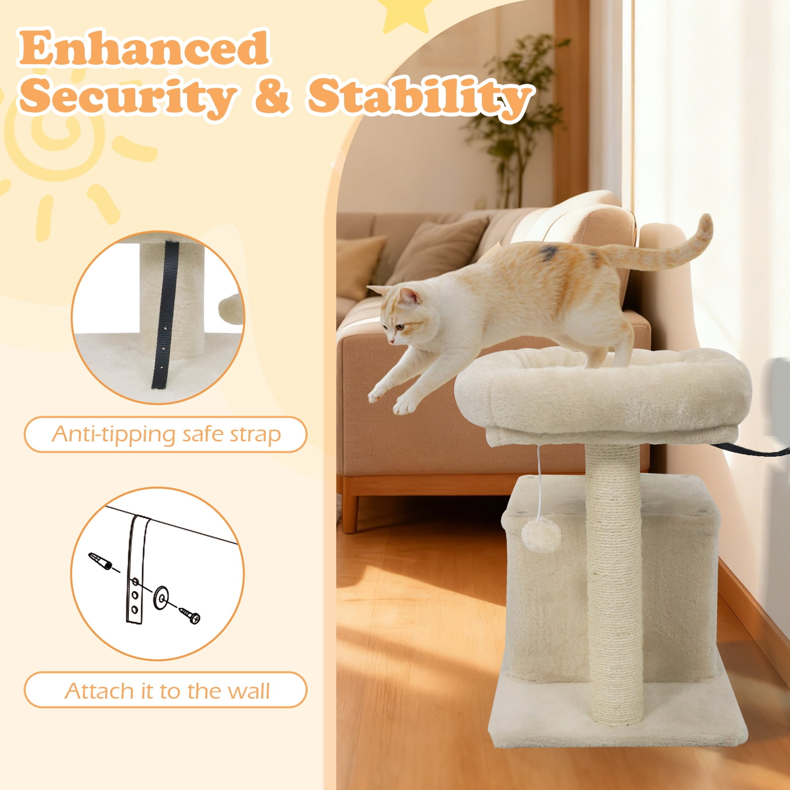 Gymax 19.5'' Small Cat Tree w/Large Padded Plush Perch Condo Sisal Scratching Posts Beige