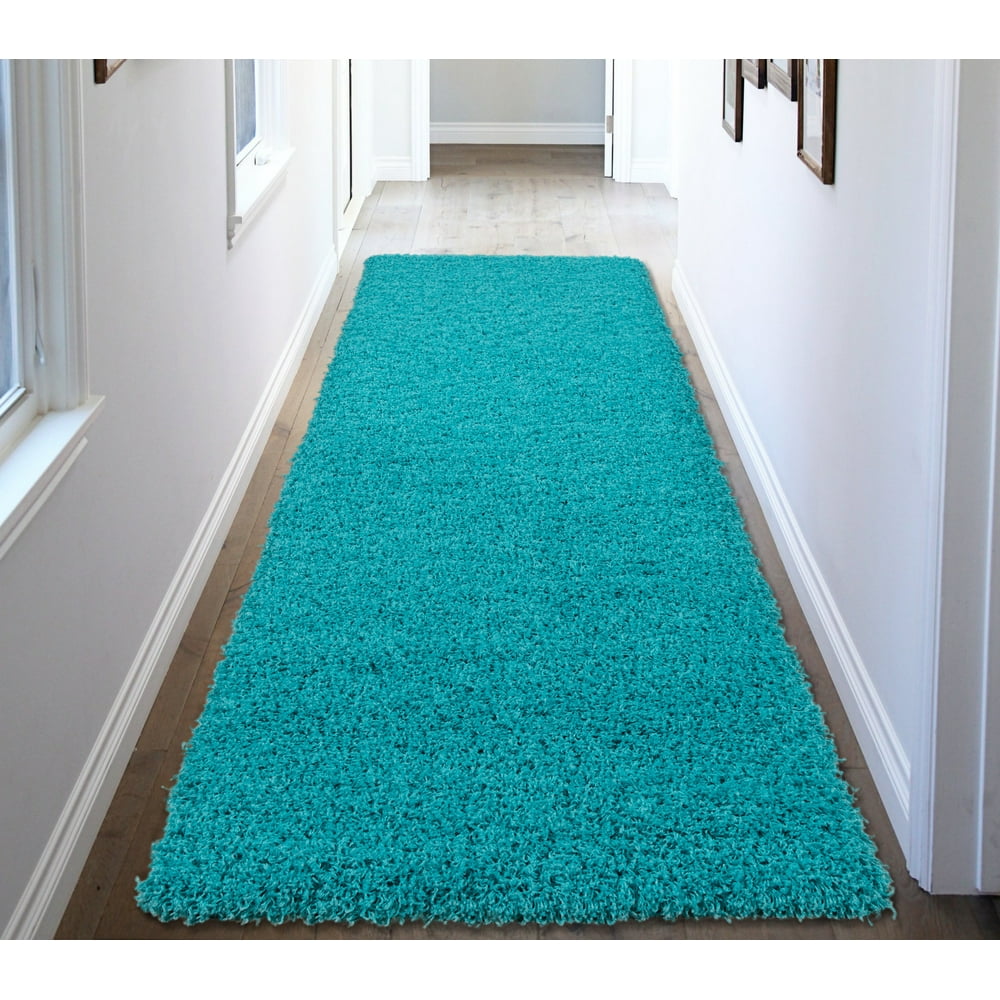 Ottomanson Ultimate Shaggy Contemporary Solid Runner Rug, Turquoise, 2