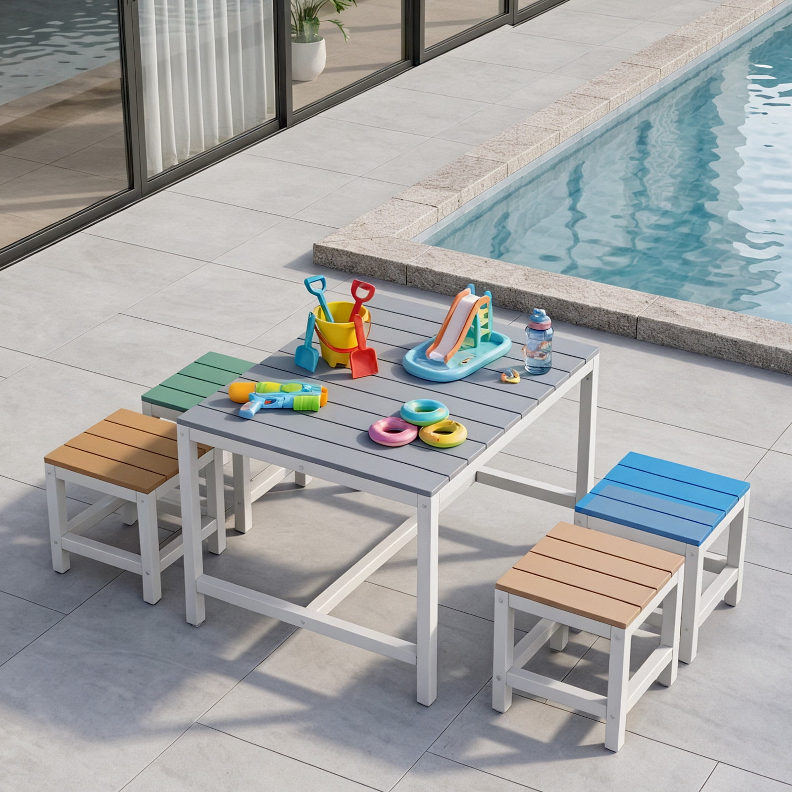 5-Piece Children's Patio Table And Chair Set (1 Table + 4 Stools), 29.5 Inches, Blue-Khaki, Light Orange, Blue-Green Color Blocking