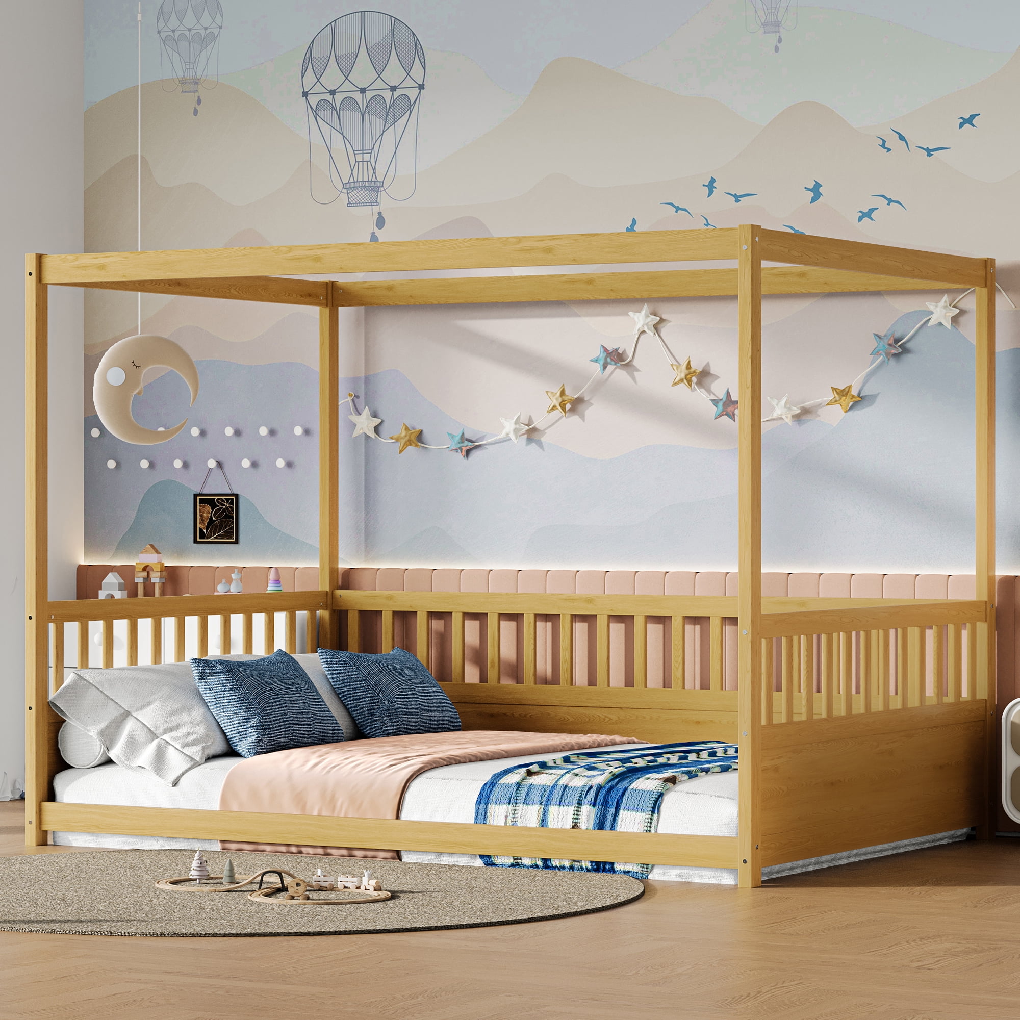 Canopy Bed Frame with Guardrails for Kids, Full Size Floor Bed with Four Poster Design, Natural Pine Wood Montessori Bed, Low Profile Floor Bed with 21.45-Inch Guardrail