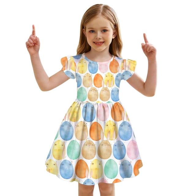 FYDUU Robe d'Été pour Tout-Petites Filles Imprimé Lapin de Pâques Robes pour Filles Manches Volantées Robe de Fête Robe Décontractée Confortable Robe d'Été Robe d'Été Stylée