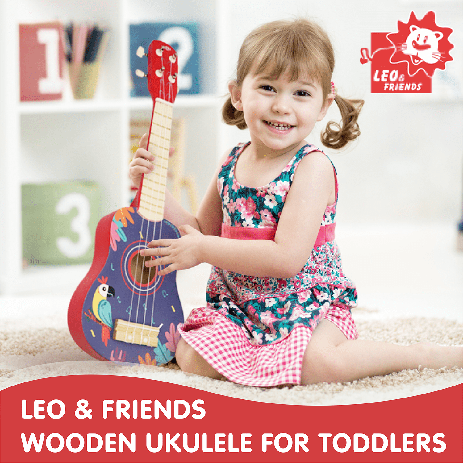 Leo & Friends Wooden Ukulele for Toddlers | Made with Non-Toxic Wood