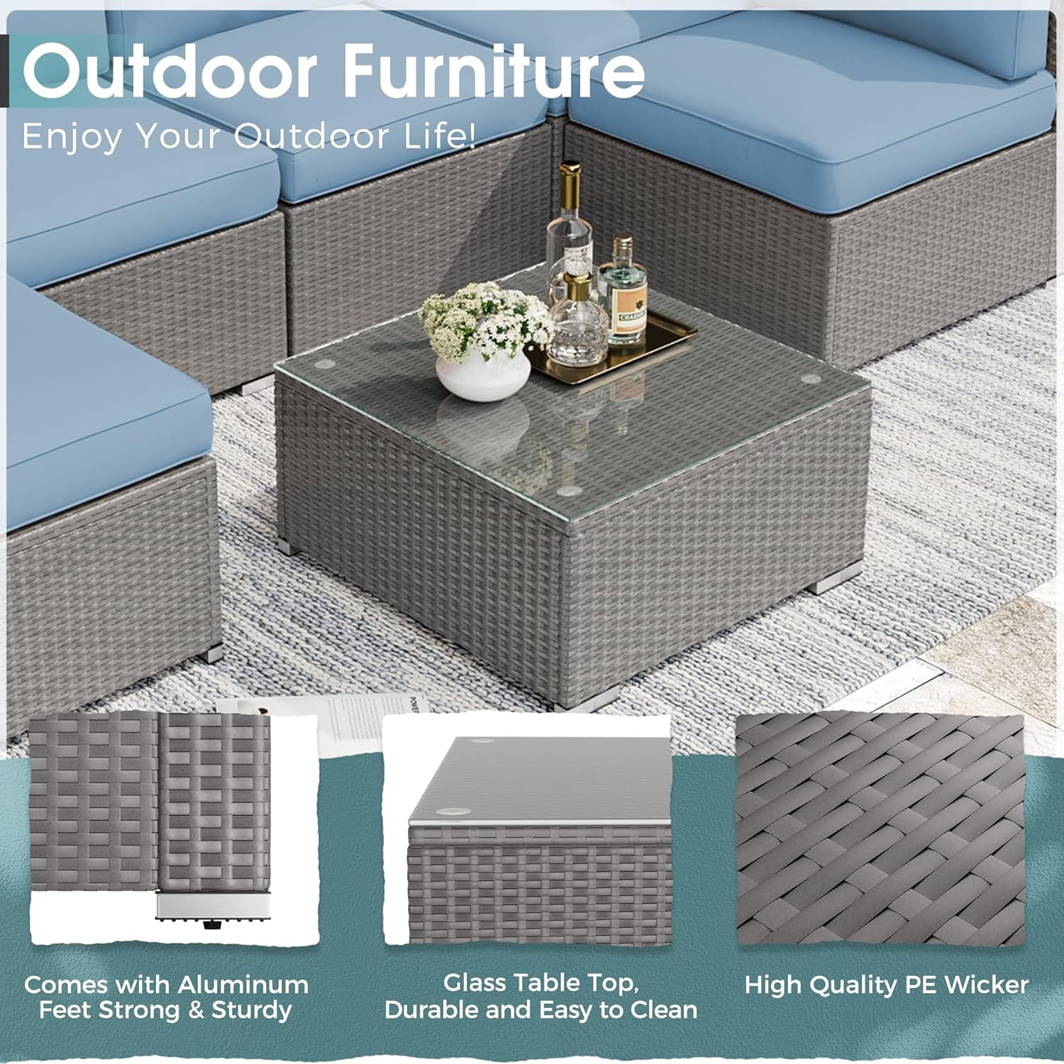 SOLAURA 7-Piece Patio furniture Outdoor  Sofa Set, Gray Wicker Rattan  Sectionals Light Blue Cushion Sofa Conversation Set with Glass Coffee Table