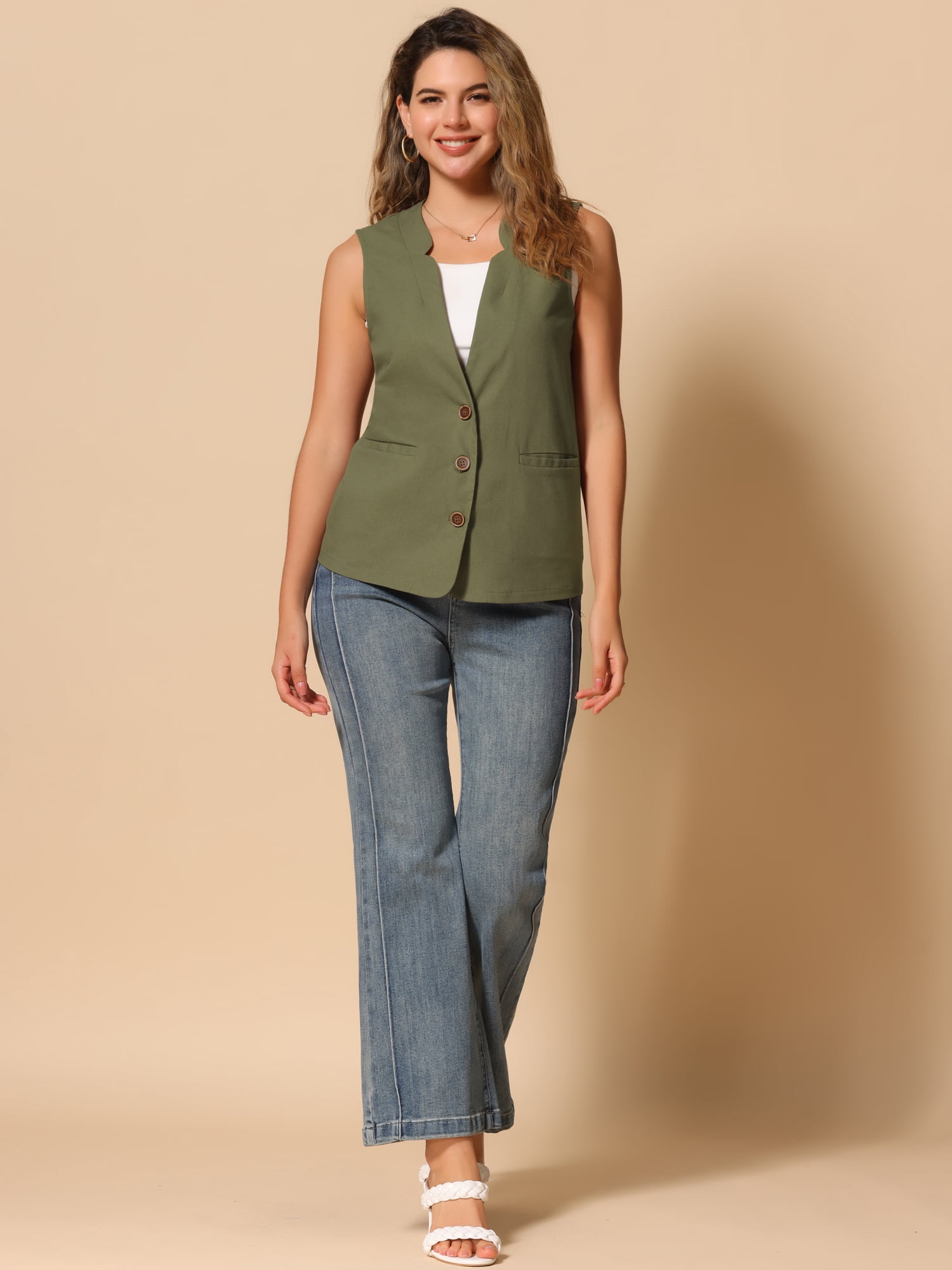 DARING DIVA Women's Cotton Linen V Neck Button Down Jacket Vest S Army Green