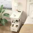 thumbnail image 6 of End Table with Charging Station, Narrow Side Table with Flip Top Cabinet and Fabric Drawer, Nightstand Bedside Tables for Small Spaces, Bedroom, Living Room, White, 6 of 7