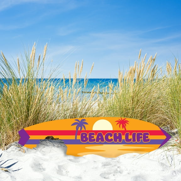 Outdoor Beach Life Surfboard Wall Art with Shark Bite, Nautical Beach Decor, Surfboard Sign, Outside Inside, Weather Resistant PVC, 3 Foot