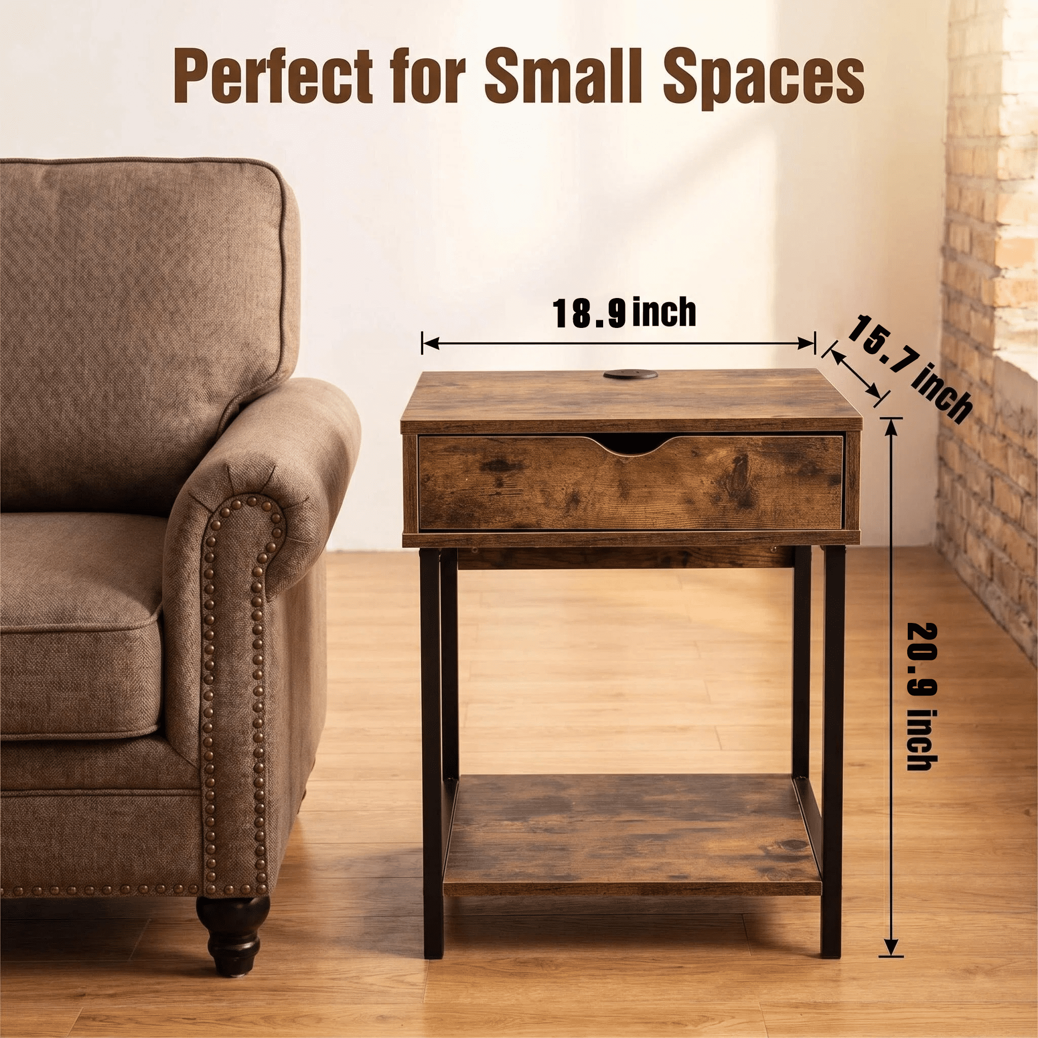 JJS Side End Table, Nightstand, Bedside Table with Drawer and Storage Shelves, Sofa Table for Living Room, Bedroom, Accent Furniture, Easy Assembly, Rustic Brown