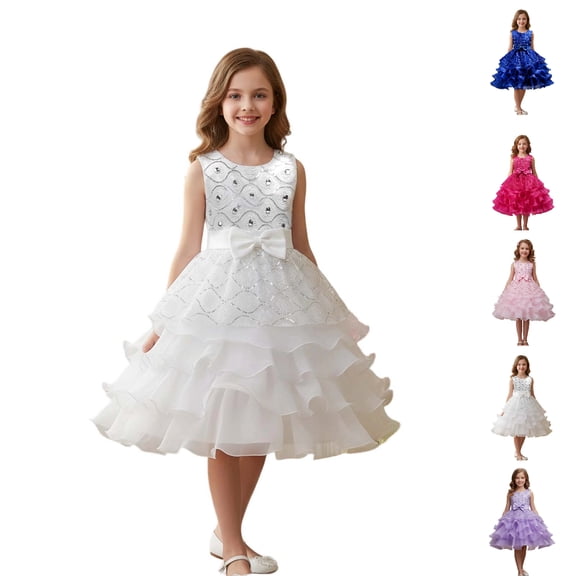 UJNDER Girls Party Dress with Glimmering Details and Tutu Skirt for Stage Performances Age 3-15 Years Midi Dress White,8-9 Years