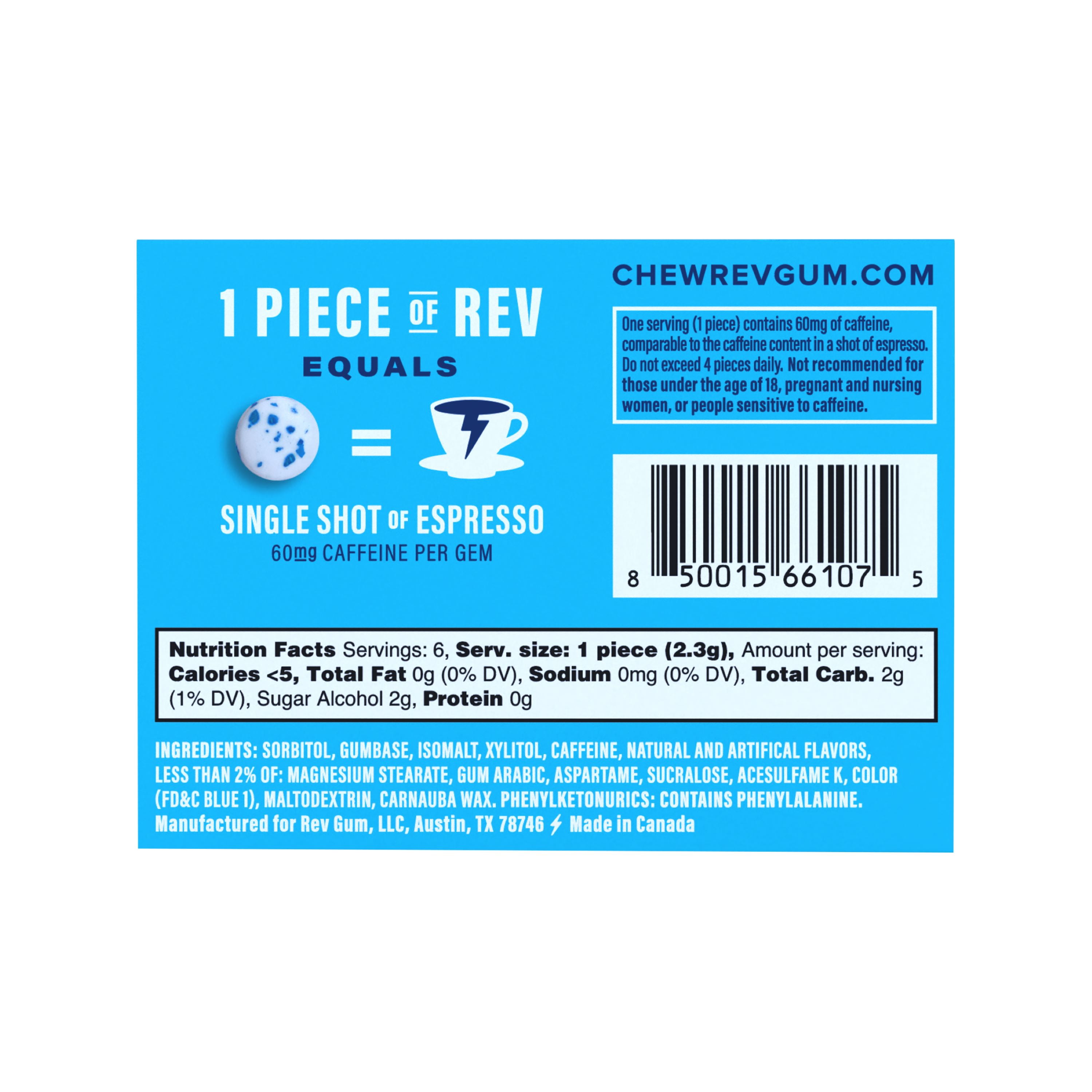 (2 pack) Rev Gum Sugar Free Polar Mint Energy Gum, 6 Pieces
