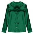 thumbnail image 7 of Lenpel Women's Satin Silk Blouses Long Sleeve Babydoll Collared Ruffle Trim Button down Shirts Dressy Casual Work Tops(Green,Medium), 7 of 7