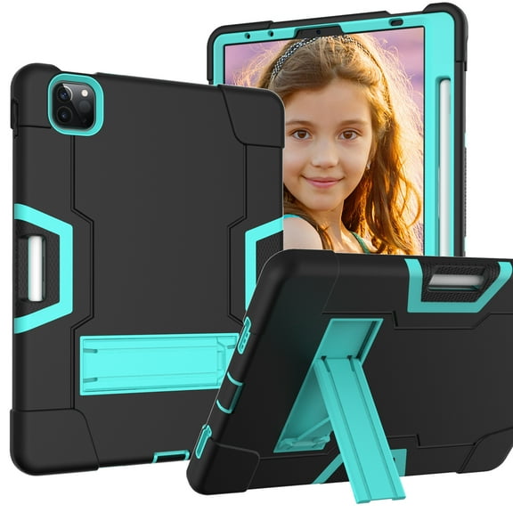 Case for iPad Air 4th Gen & iPad Pro 11 Inch 3rd Gen 2021/2020/2018, Kickstand Shockproof Kids Proof Case Heavy Duty High Impact Resistant Hybrid Three Layer Rugged Defender Protection Case,Black Mint