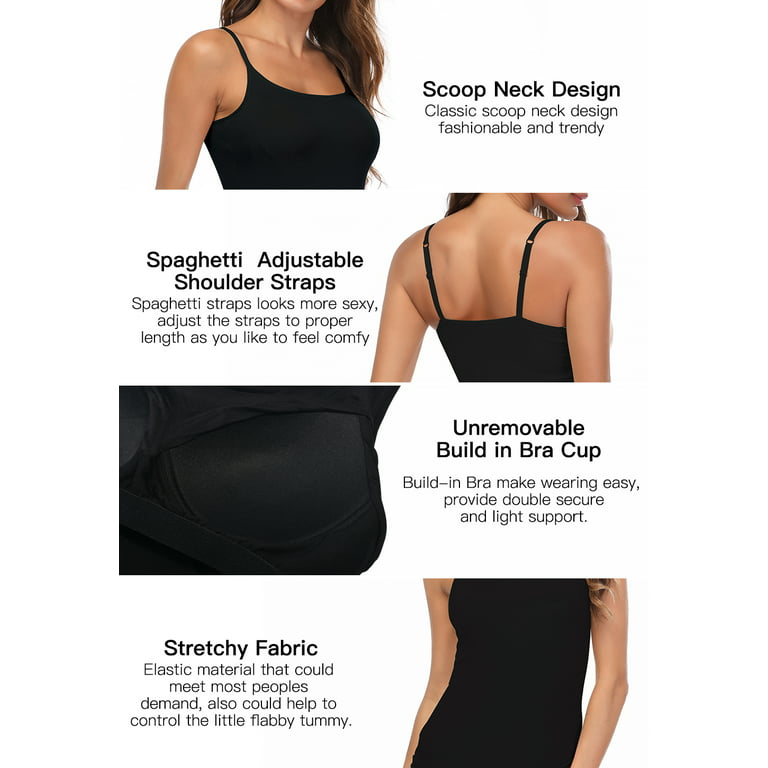 CARCOS Women's Cami With Built-In Shelf Bra Plus Stretch with Adjustable  Spaghetti Straps Basic Undershirt Layer Tank Top Black-S