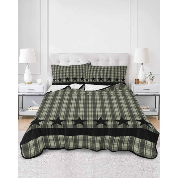 Quilts Queen Size, Sage Green Black Plaid Soft Comforter Bedding Set for Bed, Vintage Star Buffalo Check Rustic Lightweight Quilted Bedspread with Pillow Cover(2 Pieces) for All Season, 90x96 Inch