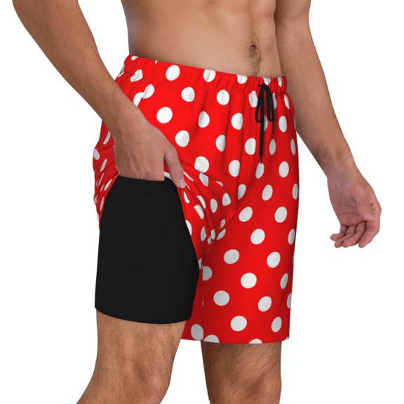 Mens Polka Dot Red Swimming Trunks with Compression Liner Beach Quick Dry Swim Shorts