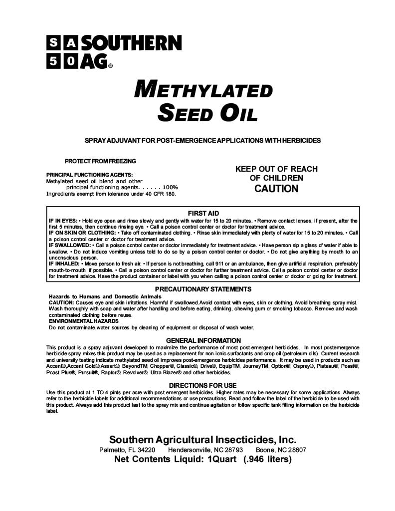 Methylated Seed Oil - Spray Adjuvant for Herbicides - 32 fl oz by Southern Ag