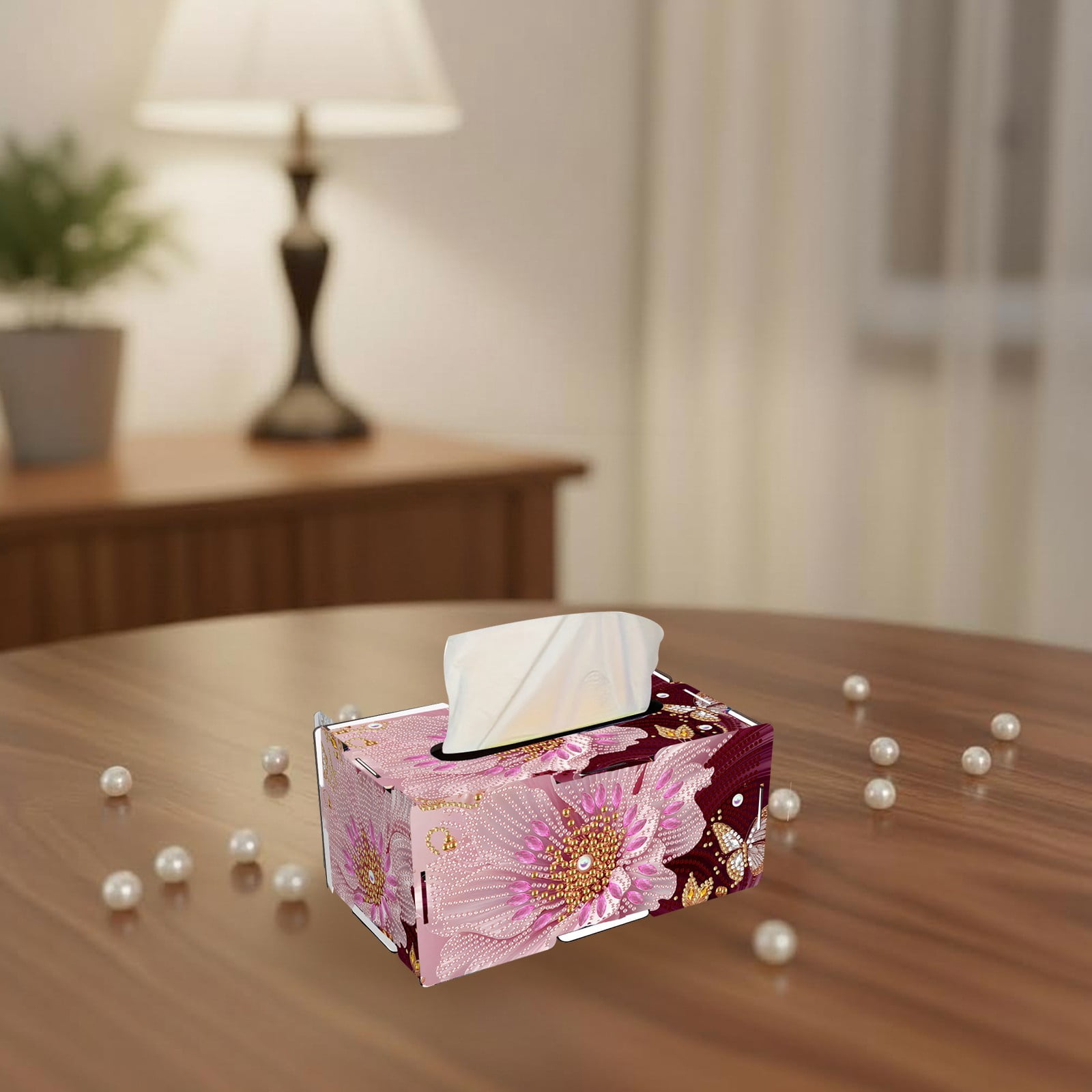 FLOPESN DIY Diamond Art Painting Flower Tissue Box – Wooden Storage Box with Crystal & Pearl Diamonds, Decor Craft Kit for Bedroom, Living Room (8.86 x 5.31 x 4.13 in)
