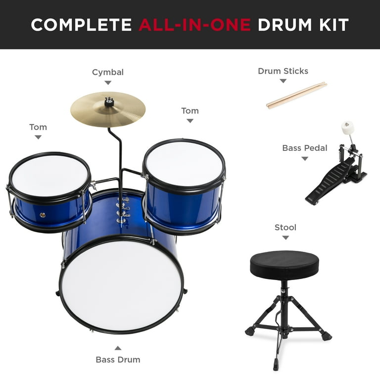 Best Choice Products Kids Beginner 3 Piece Drum Musical Instrument Set w Sticks Cushioned Stool Drum Pedal Blue