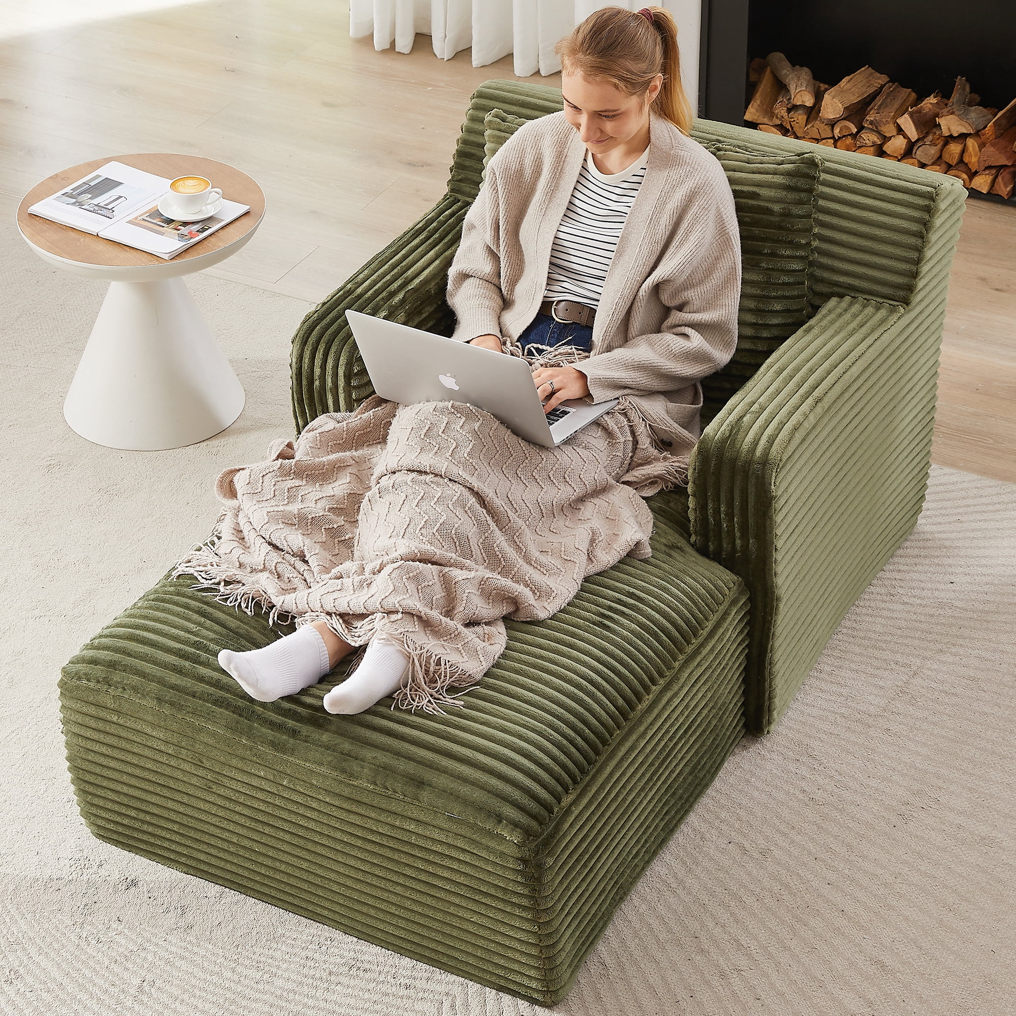 MAYEERTY Corduroy Single Chaise Lounge Sofa, Modern Comfy Sleeper Couch for Apartment, 65×39" Green