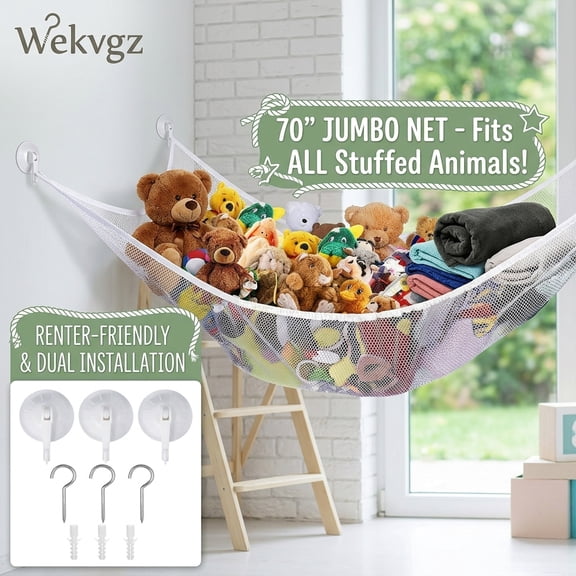 Stuffed Animal Hammock, 70" Jumbo Toy Hammock with Drill-Free Hooks, White Mesh Corner Squishmallow Net Storage Organizer