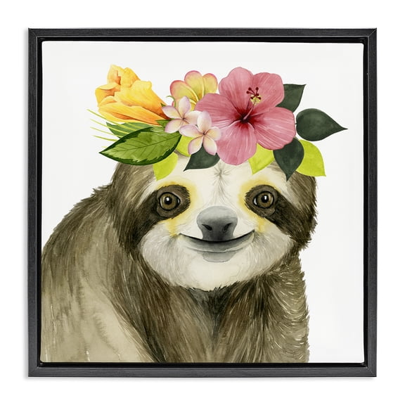 Stupell Industries Smiling Sloth in Flower Crown Animals & Insects Painting Black Floater Framed Canvas Art Print Wall Art, 18 x 18