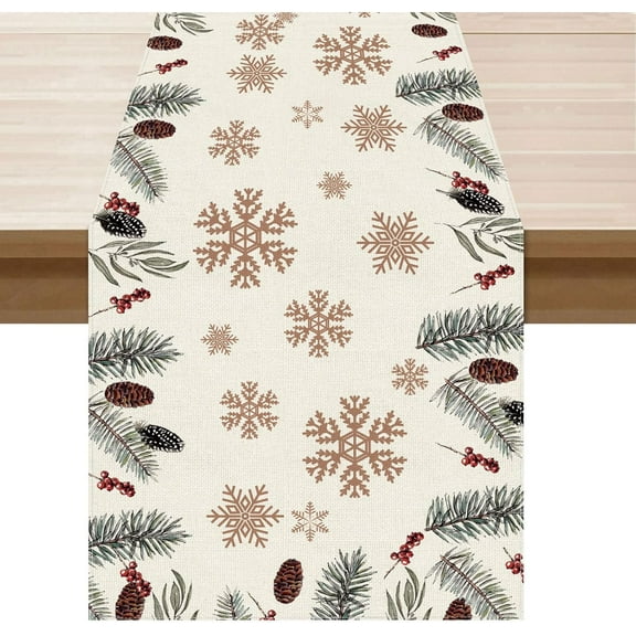 Pine Tree Pinecone Snowflakes Christmas Winter Xmas Cloth Table Runner Burlap Table Decoration for Home Kitchen Dining Dinner Indoor Holiday Farmhouse Decor 13.8x71 Inch
