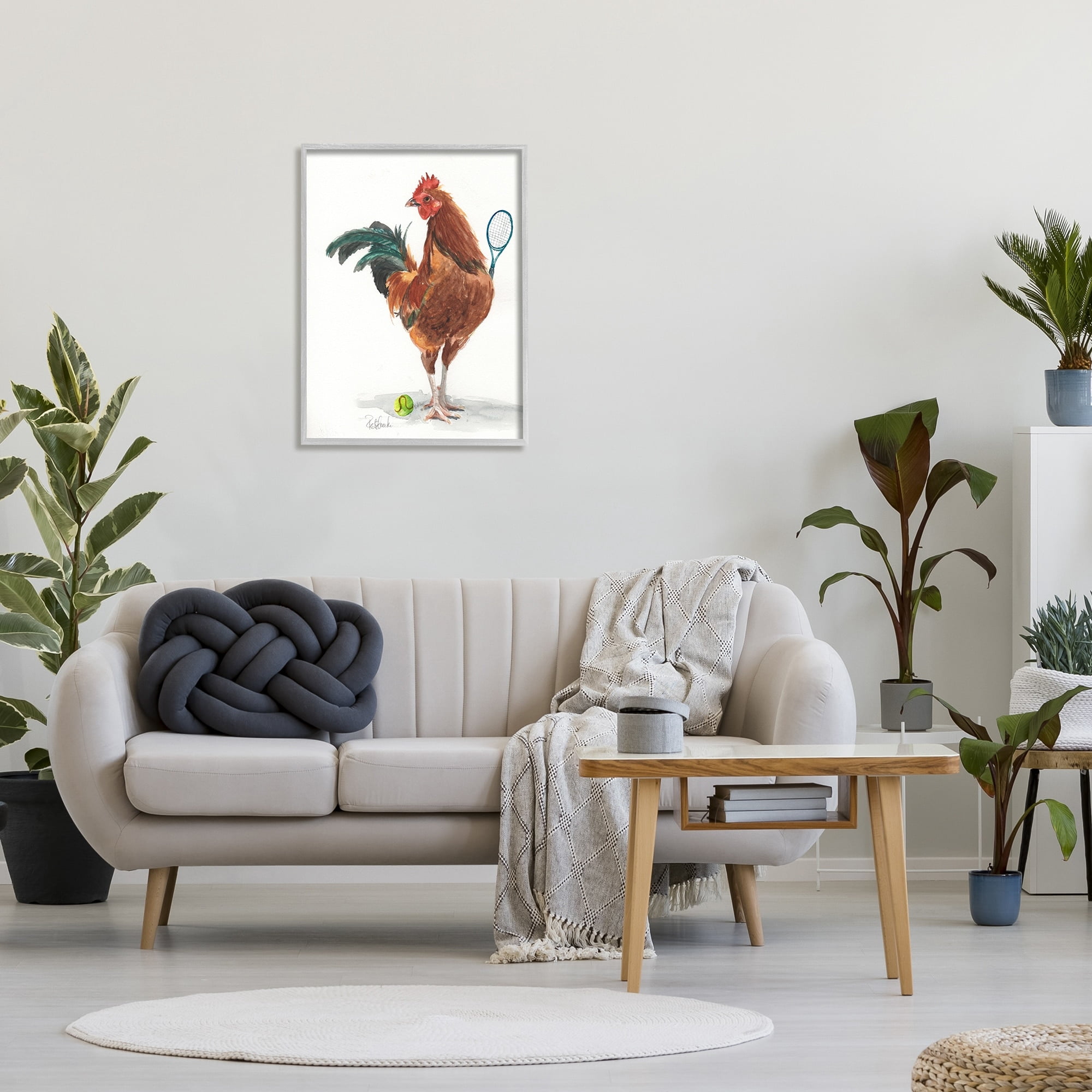Stupell Industries Chicken Hen Playing Tennis Athletic Farm Animal Painting Gray Framed Art Print Wall Art, Design by Jennifer Redstreake