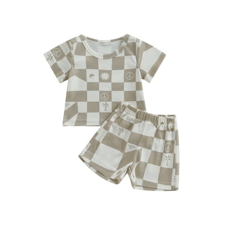 

jaweiwi Infant Toddler Girls Boys Summer Clothes Set 0 6M 12M 18M 24M Outfits Sun Checkerboard Print Crew Neck Short Sleeve Waffle T-Shirts and Shorts 2Pcs Suit