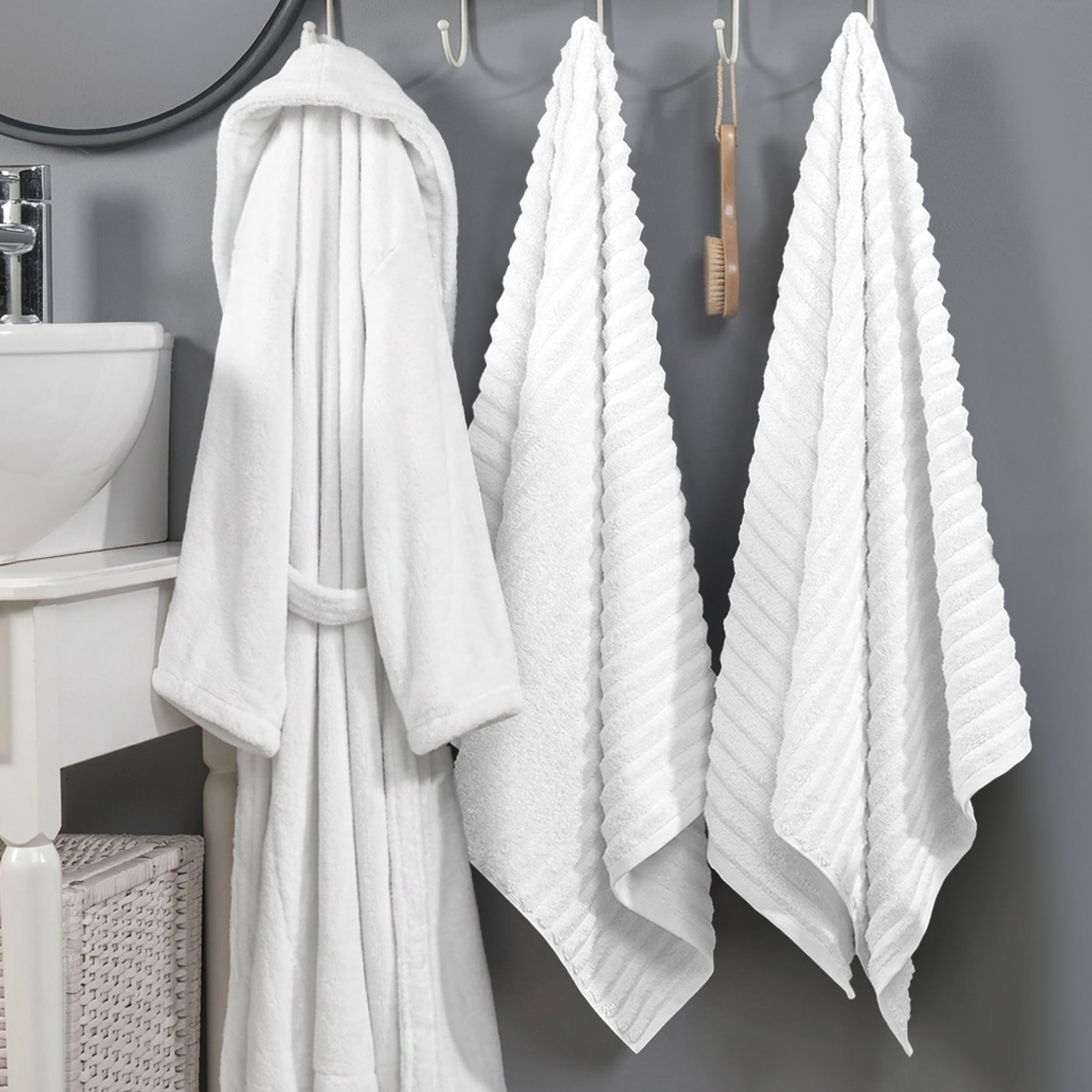 Elegant Comfort Men 3-Piece Spa Bath Set – Plush Bathrobe & 2 Ribbed Bath Towels, Thick Absorbent Hotel Quality Bathroom Essentials, White Bath Towel, White Robe ,X-Large