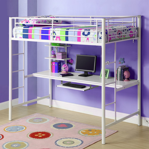 Premium Metal Twin Loft Bed Over Workstation, White