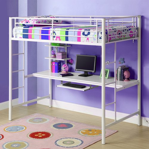 Premium Metal Twin Loft Bed Over Workstation, White
