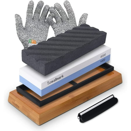 

Towallmark 1000/6000 Knife Sharpening Stone Whetstone Set with Flattening Stone Angle Guide and Gloves