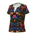thumbnail image 2 of Goofa Mexican Flower Traditional1 Pattern Womens Deep V Neck Low Cut Tops Casual Summer Short Sleeve Ribbed Knit T-Shirts-Large, 2 of 5