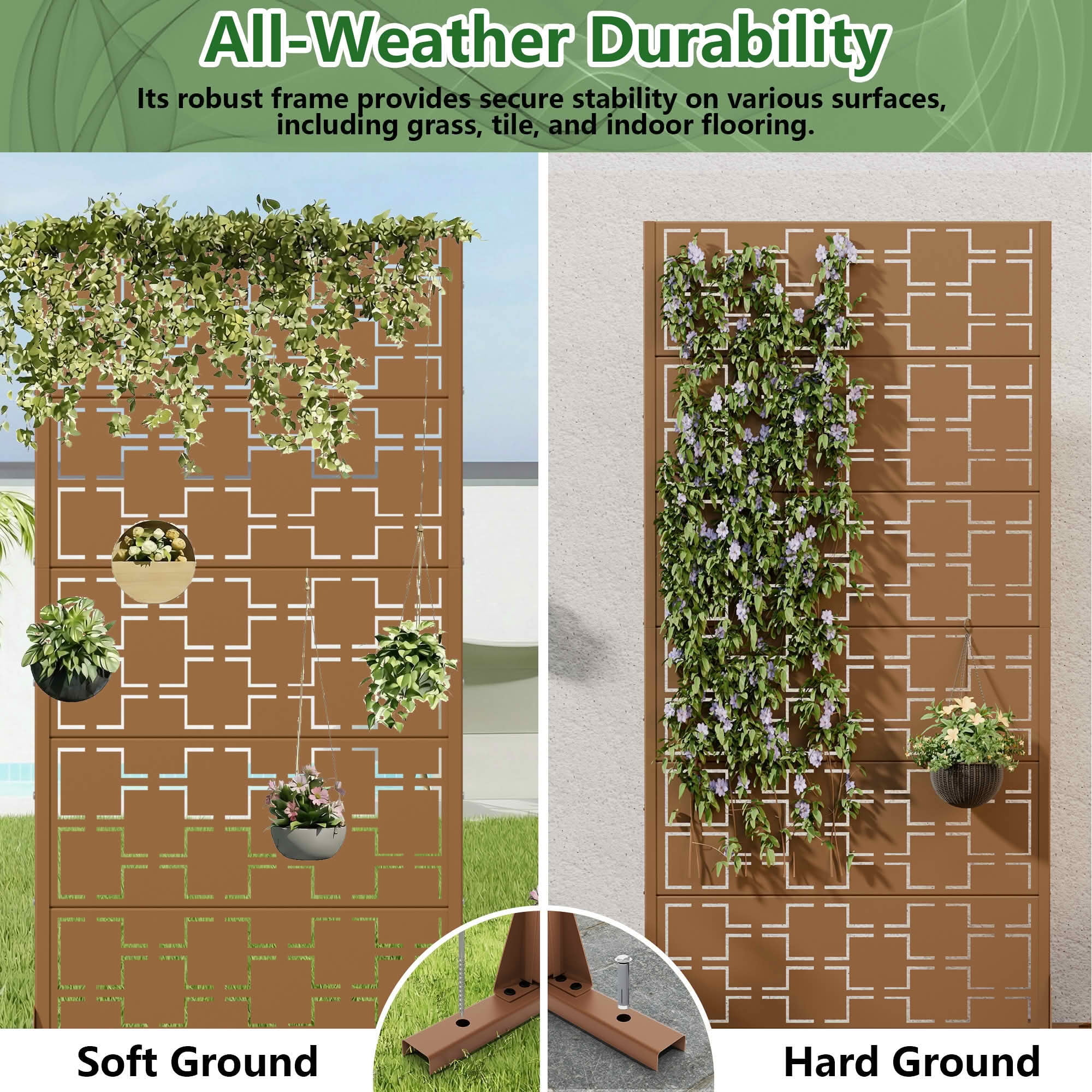 MAYEERTY 59x30x16 Inch Brown Galvanized Steel Privacy Screen, 5 Piece Set for Outdoor Garden