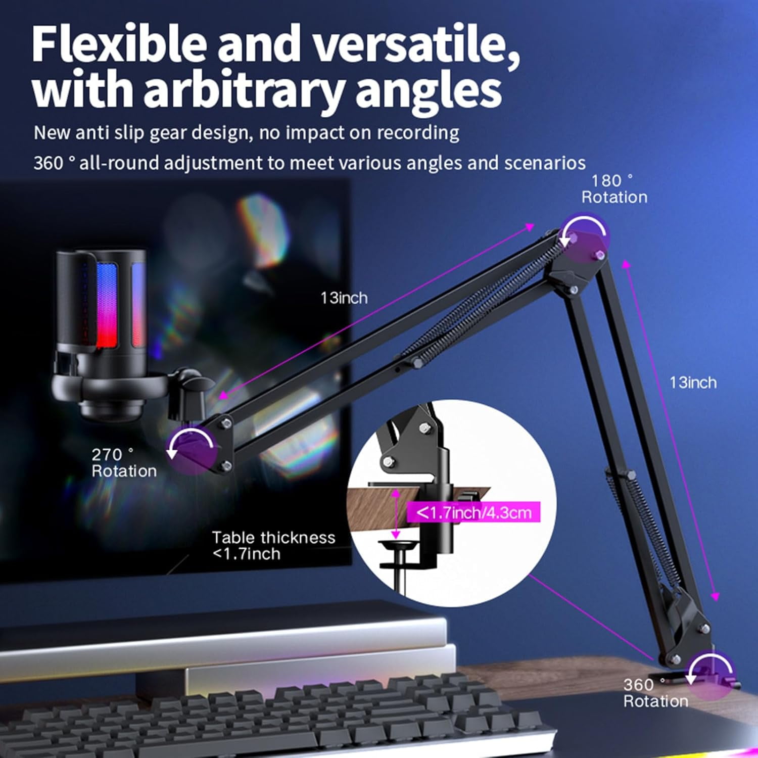 Gaming USB Microphone for PC，Podcast Microphone Kit for Streaming, Condenser Mic with Quick Mute, Boom Arm, Pop Filterm, RGB Indicator, Shock Mount, Rotate Gain button, Compatible with PS4/5/PC