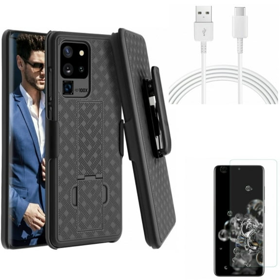 Screen Protector w 10ft USB-C Cable w Case Belt Clip for Samsung Galaxy S20 Ultra - Tempered Glass [Fingerprint Unlock] 3D Curved Edge, Type-C Charger Cord Power, Holster Swivel fits Galaxy S20 Ultra