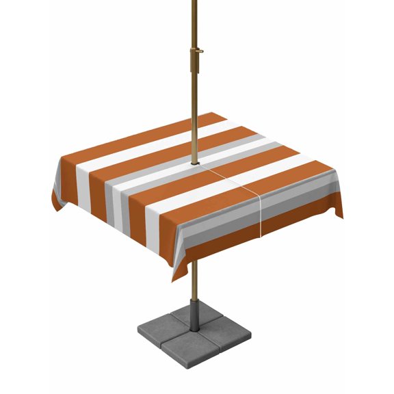 Burnt Orange Grey Stripe Outdoor Tablecloth with Umbrella Hole, Farmhouse Modern Art Striped Spillproof Waterproof Outdoor Table Cover, Patio Tablecloths for Party/Garden/Picnic, Square 60"x60"