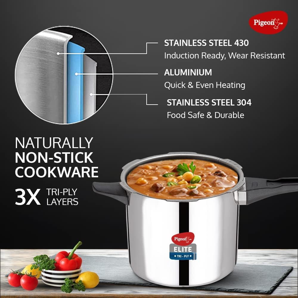 Elite Tri-Ply Stainless Steel Body Outer Lid Pressure Cooker Induction and Gas Stove Compatible 3 L - Silver