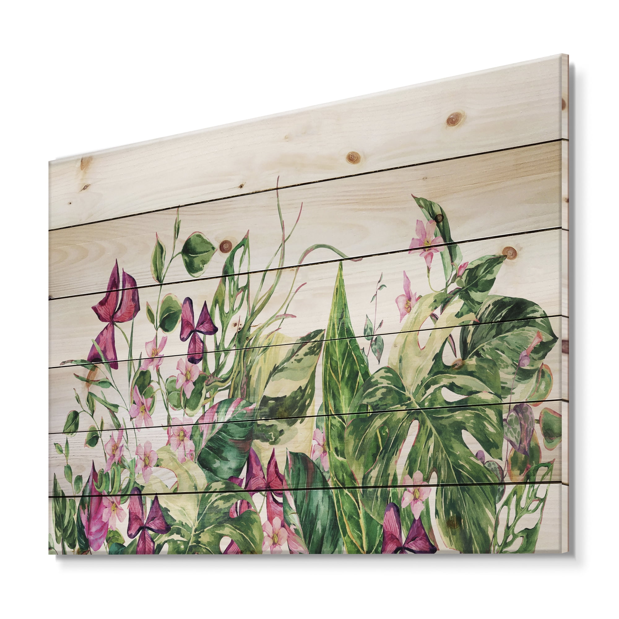 Designart 'Ancient Floral Tropical Leaves I' Tropical Print on Natural Pine Wood