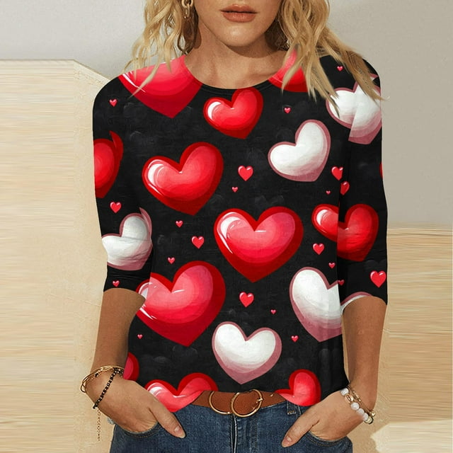 RKSTN Women's Valentines T Shirts Oversized Crewneck Valentine's Day Graphic Printed 3/4 Length Sleeve Shirt Tops Womens Casual Round Neck Loose Comfy Loves Heart Print Three Quarter Sleeve Shirts
