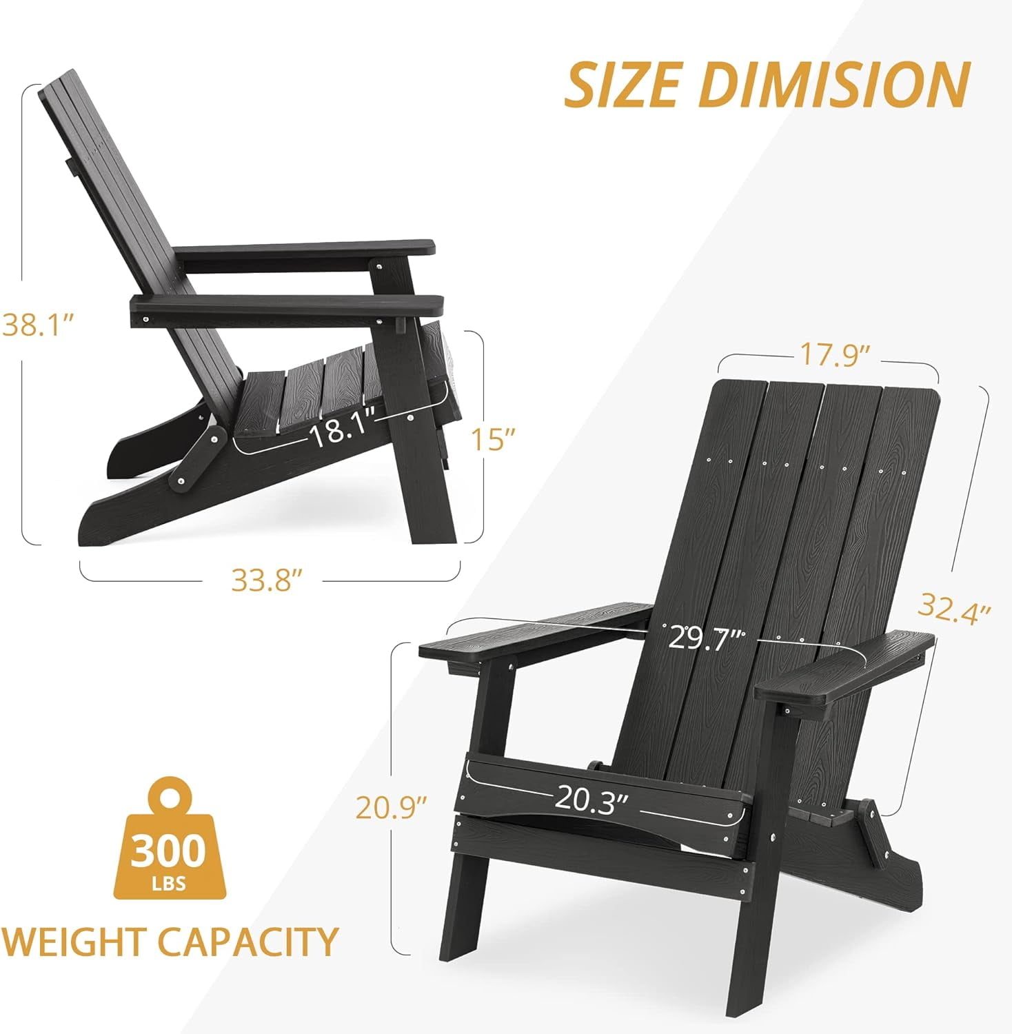 Dycanpo Folding Adirondack Chair, Hdps Poly Modern Outdoor Chair Weather Resistant,300lbs,Black