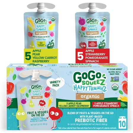 GoGo squeeZ Happy TummieZ Apple Pear Yellow Carrot Raspberry and Organic Apple Strawberry Pomegranate Spinach Snack Pouches, 3.2 oz, 10 Pack