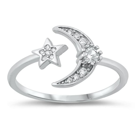 Open Moon Star Ring Clear CZ Adjustable .925 Sterling Silver Band White Jewelry Female Size 8
