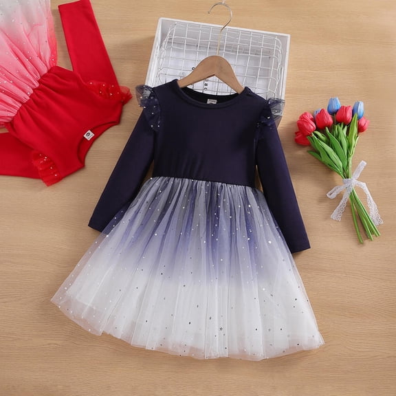 AUNVITO Girls Fluffy Princess Dress Long Sleeve Flutter Sleeve Round Neck with Snowflake Mesh Elegant Party Style