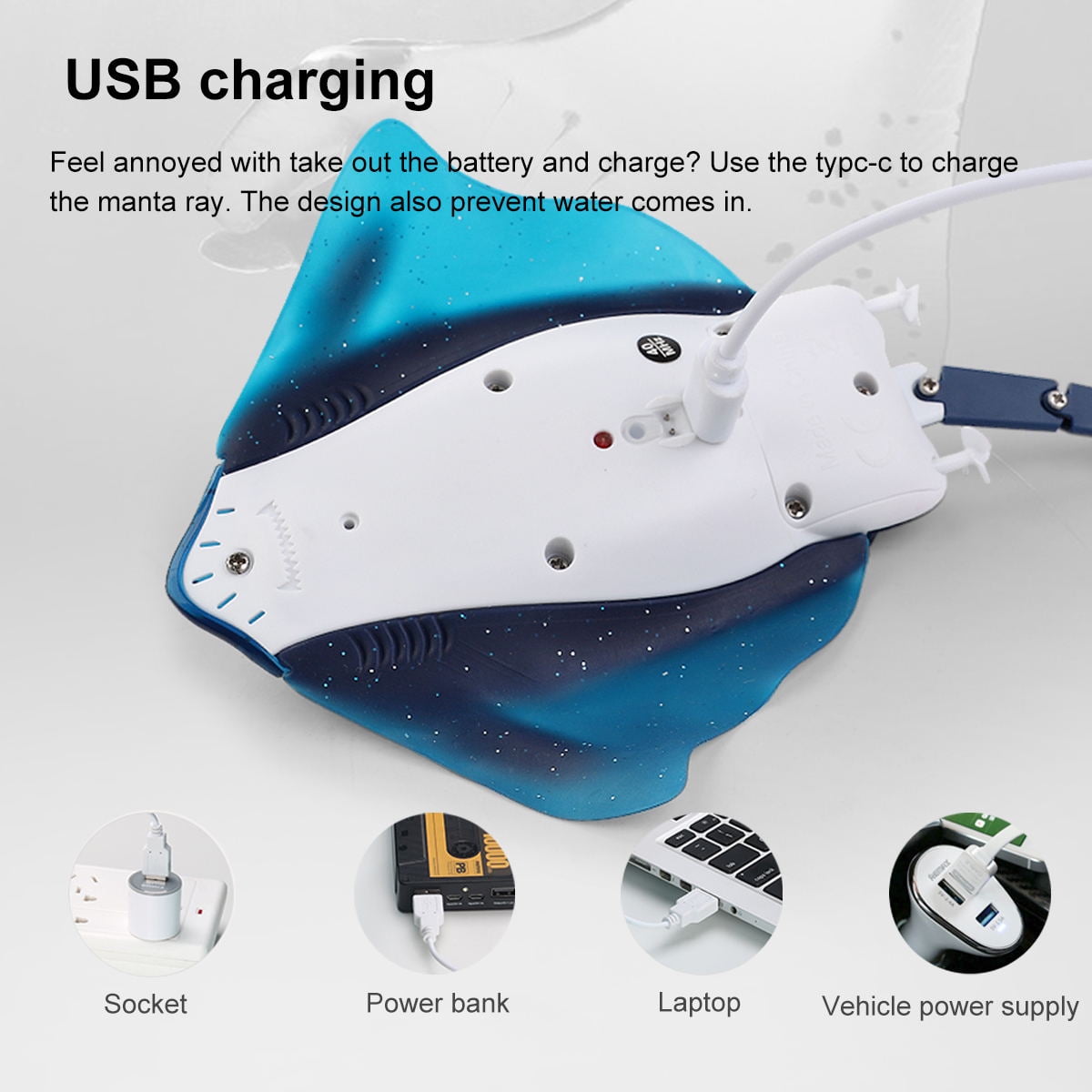 Pool Toys Remote Control Stingray Diving into Water High Simulation Manta ray Lights bulit-in Rechargeable Battery Remote Control Bathtub Summer Pool Toys Great Gift RC Boat for 8-12 Year Kids Blue