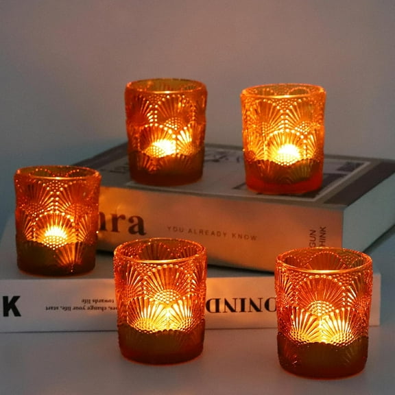 12Pcs Amber Votive Candle Holders, Boho Glass Candle Holder for Fall Wedding, Halloween Thanksgiving Centerpieces