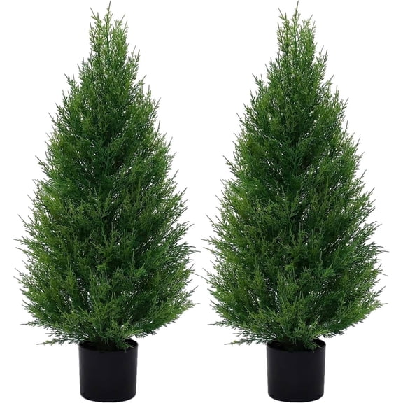 ROMSWI 2 Pack 3FT Artificial Cedar Topiary Trees with Full Realistic Leaves, Faux Plants for Home Front Door Porch Patio Garden