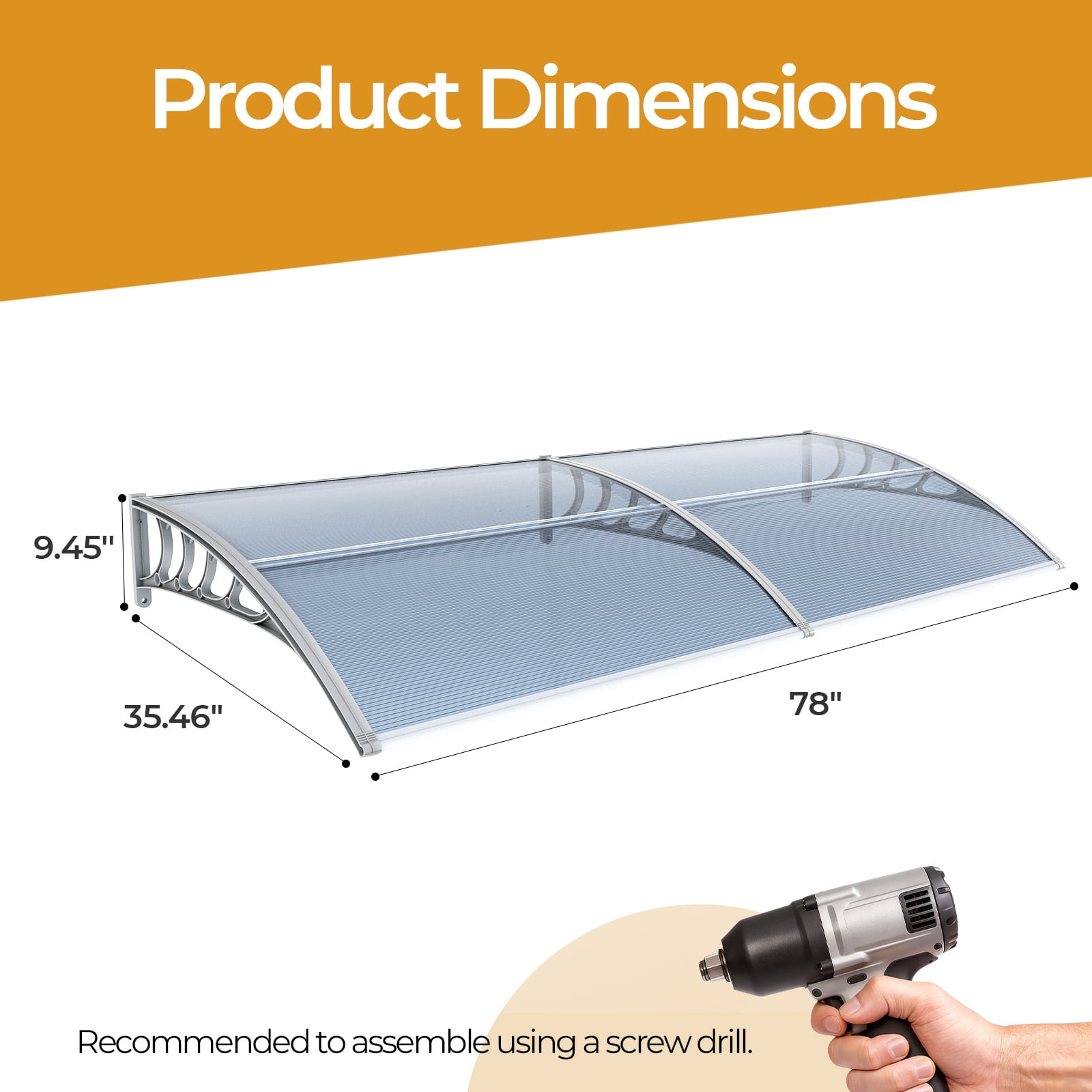 Clear Polycarbonate Door Window Awning, All Weather Rain UV Snow Protection Canopy with PP Bracket & Aluminum Reinforced Bar for Entryway AC Unit Patio Porch