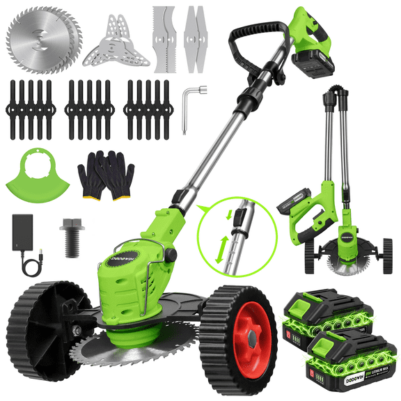 Cordless Grass Trimmer 21V Battery Powered Weed Eater Kit, 3-in-1 Brush Cutter with Adjustable Handle and Rolling Support Wheels, Includes Blades, Batteries, Charger and Safety Accessories