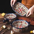 thumbnail image 3 of Bohemian Daisy Pattern Ceramic Baking Bowl with Double Handles, Oven Safe Multipurpose Tableware for Home Kitchen Baking & Daily Meals, 3 of 6